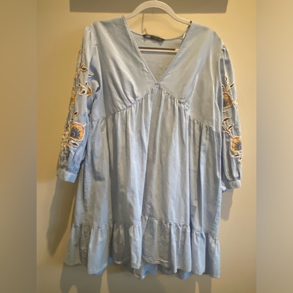 ZARA EMBROIDERED LINEN BLEND DRESS Mini Blue Floral Large - Picture 5 of 8